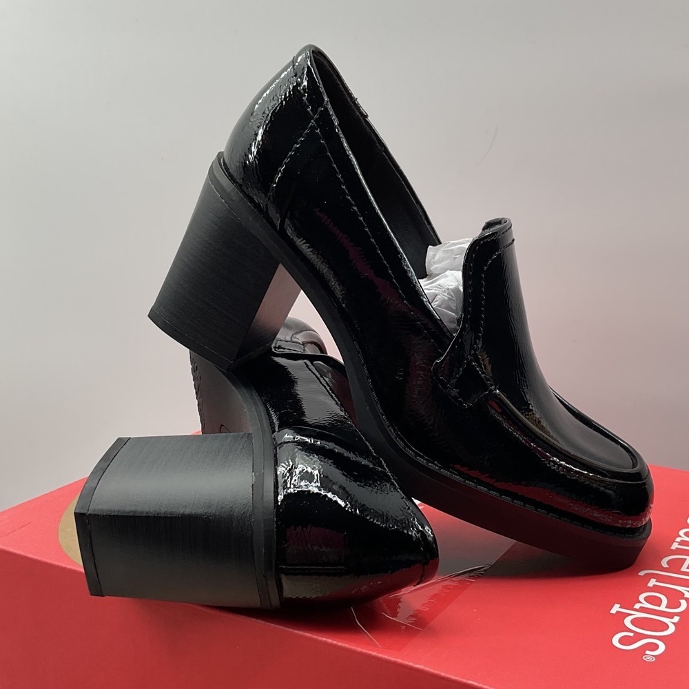Baretraps Gretel Black Patent Block Heel Loafers Square Toe Platform Shoes 6M